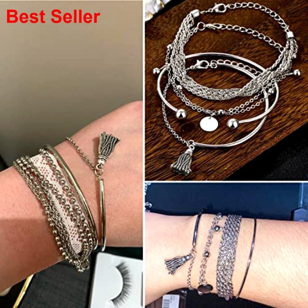 Stackable Silver-Plated Bracelets Set Adjustable Chain Cuff Bangles - Picture 4 of 7